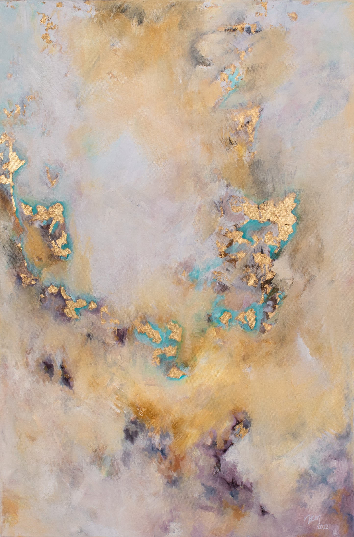 Gold abstract art with pops of teal