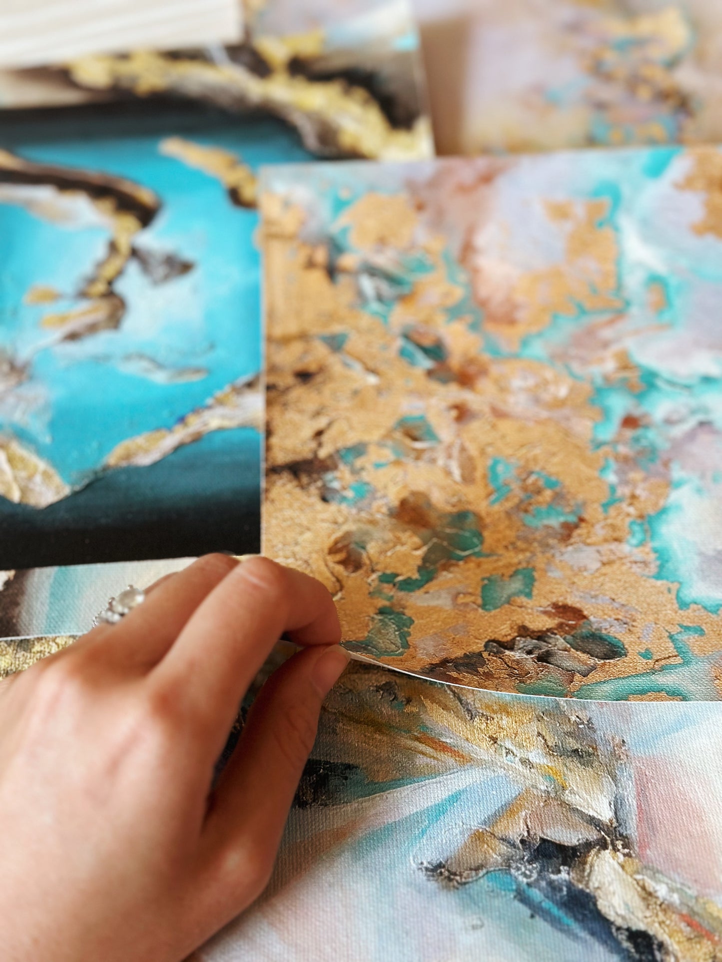 Collection of dreamy golden and teal artwork on giclee fine art print