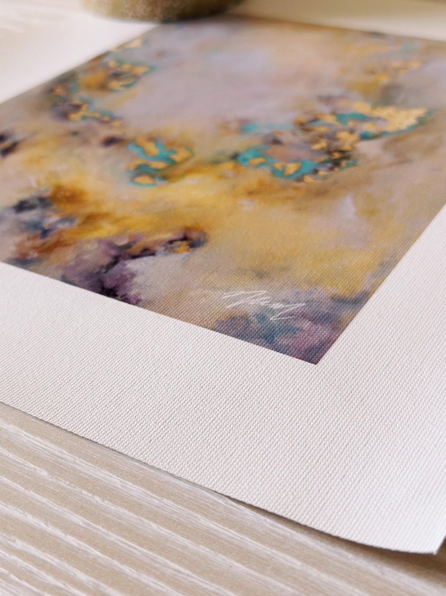 Dreamy golden and teal artwork with 2" extra white border