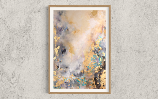 Dreamy and golden abstract artwork with a pop of teal